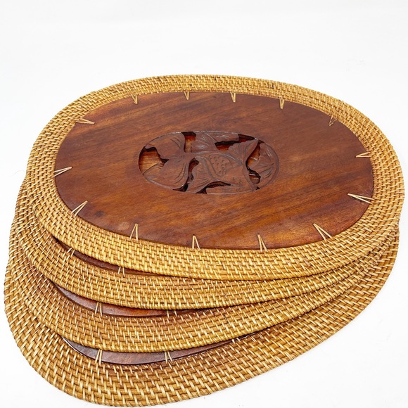 Vintage Teakwood & Rattan Oval Placemats Tiki Bar